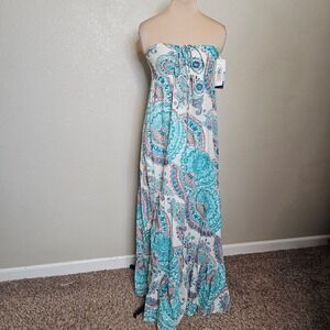 NWT Roxy Born Dreamer Strapless Maxi Dress Teal Paisley Smocked Tiered Medium